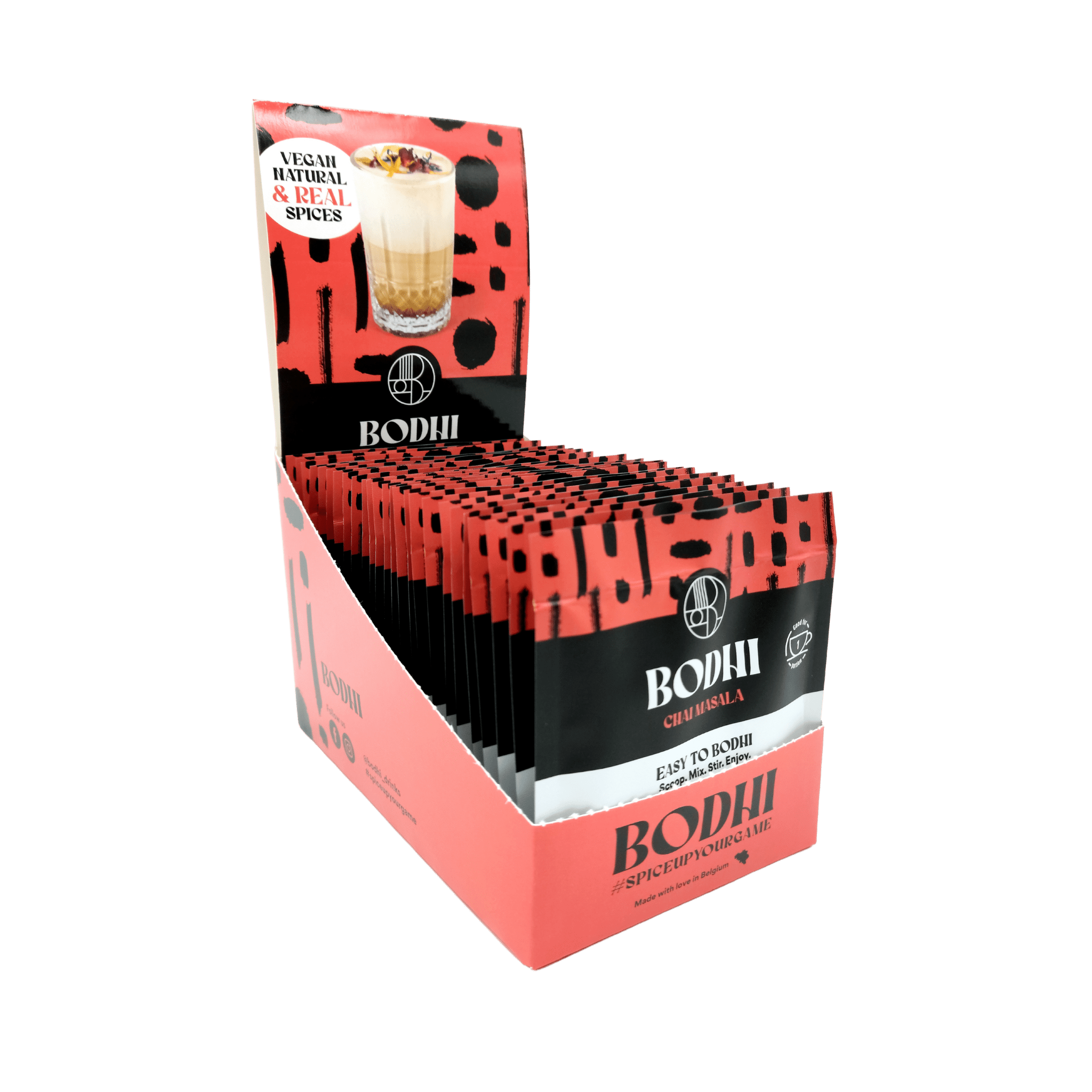 Displaydoos - Chai latte single portions - Bodhi Drinks - easy to prepare - Chai Masala - gember, kaneel, kardamom, kruidnagel, piment - vegan - natural - echte kruiden - belgisch product - easy to go