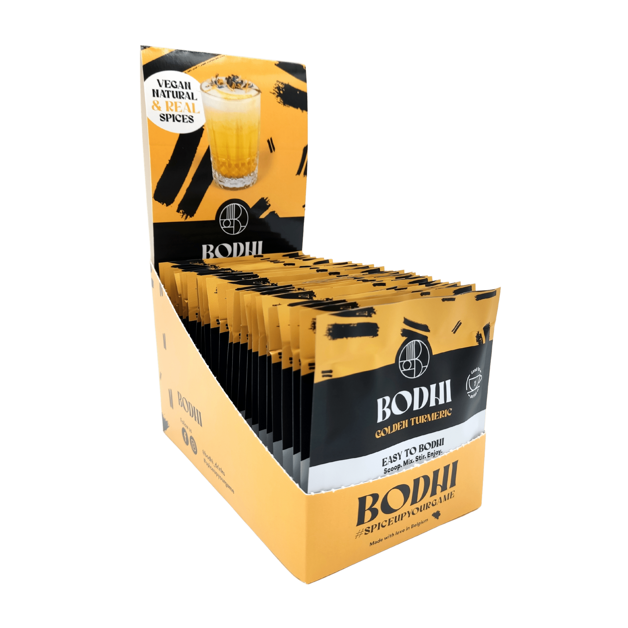 Displaydoos - Golden chai latte single portions - Bodhi Drinks - kaneel, gember, kardamom, kurkuma, zwarte peper - belgisch product - high in fiber - less sugar - minder suiker - vegan - easy to prepare - to go - take away