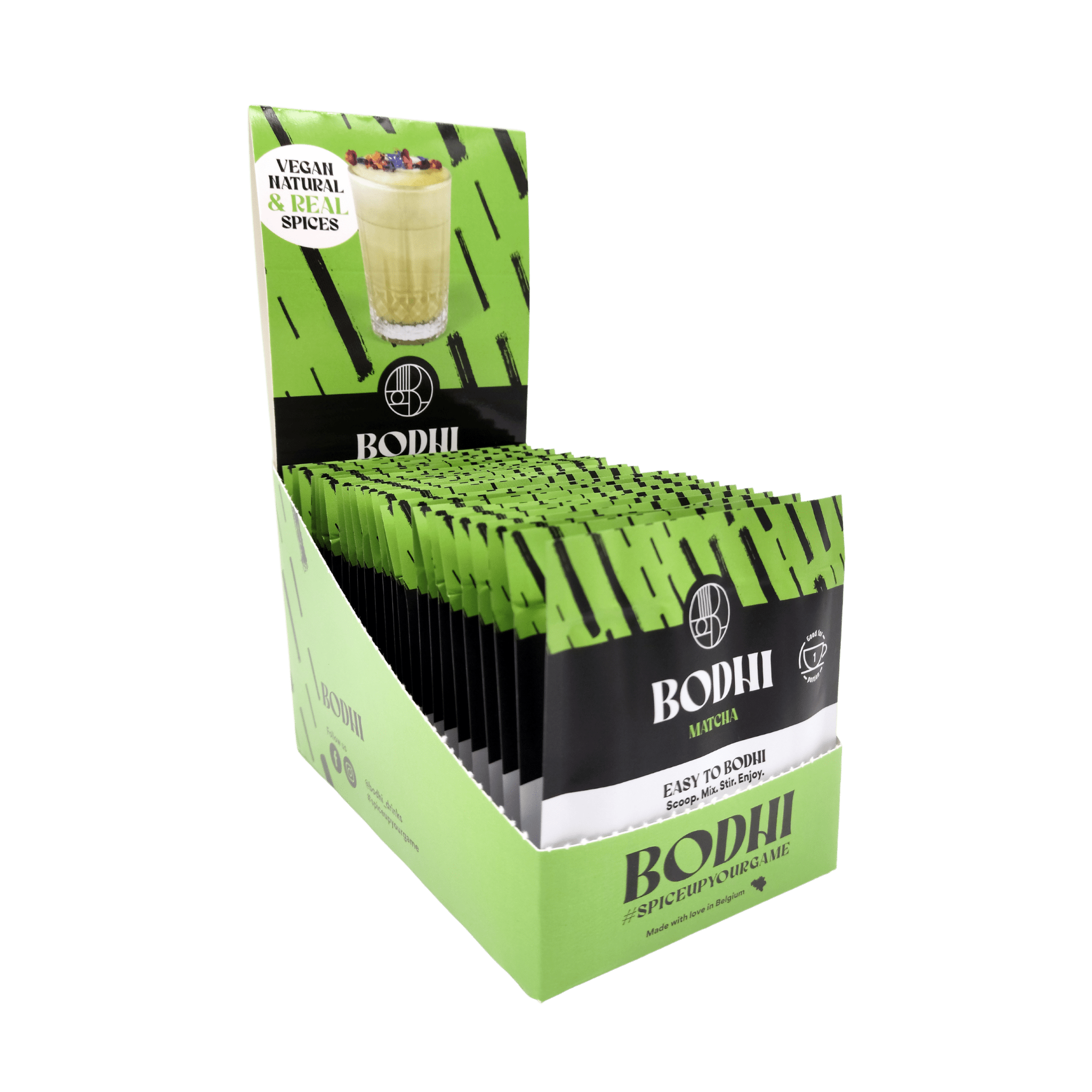 Displaydoos - Matcha Vanilla latte single portions - Bodhi Drinks - Japanese matcha - easy to prepare - belgisch product - vegan - high in fiber - less sugar - minder suiker 