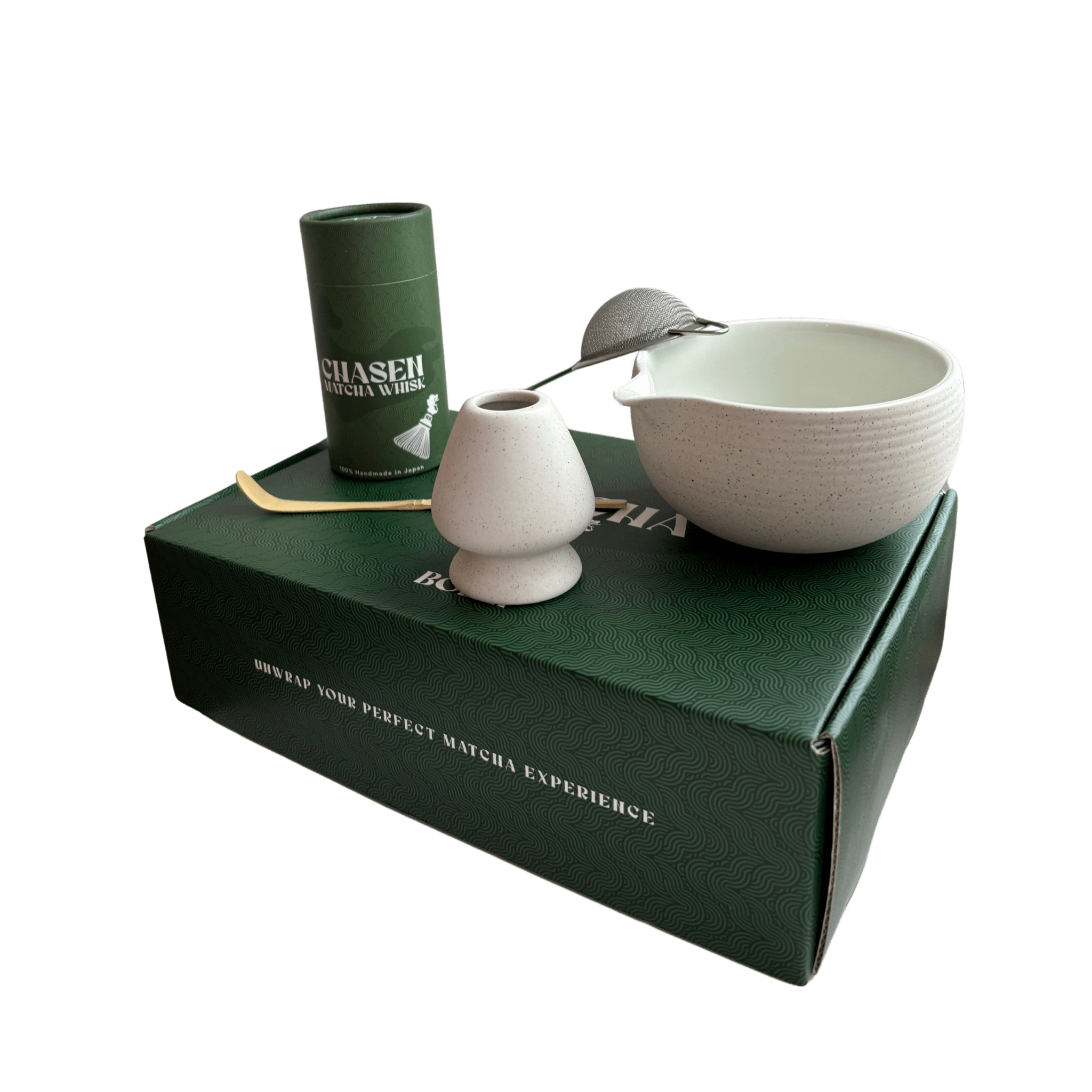 Luxe Matcha set - Bodhi Drinks - Japanese ceremonial en premium matcha - belgisch merk - belgian brand - whisk, chasen - zeefje - matchabowl - whiskholder - bamboelepel - traditional matcha - matcha set - gift set - gift idea - present - mothersday - easter - christmas - birthday 