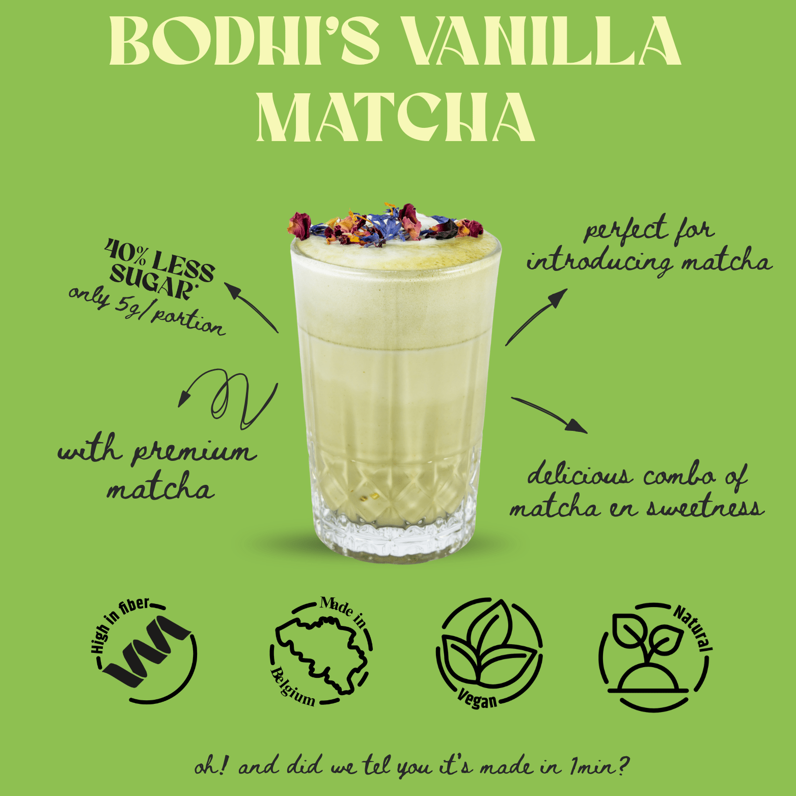 Bodhi Drinks - Matcha Vanilla - High in fiber - made in Belgium - vegan - natural - ready in 1 min - less sugar - minder suiker - only 5gr of sugar per portion - introducing matcha - Premium japanese matcha 