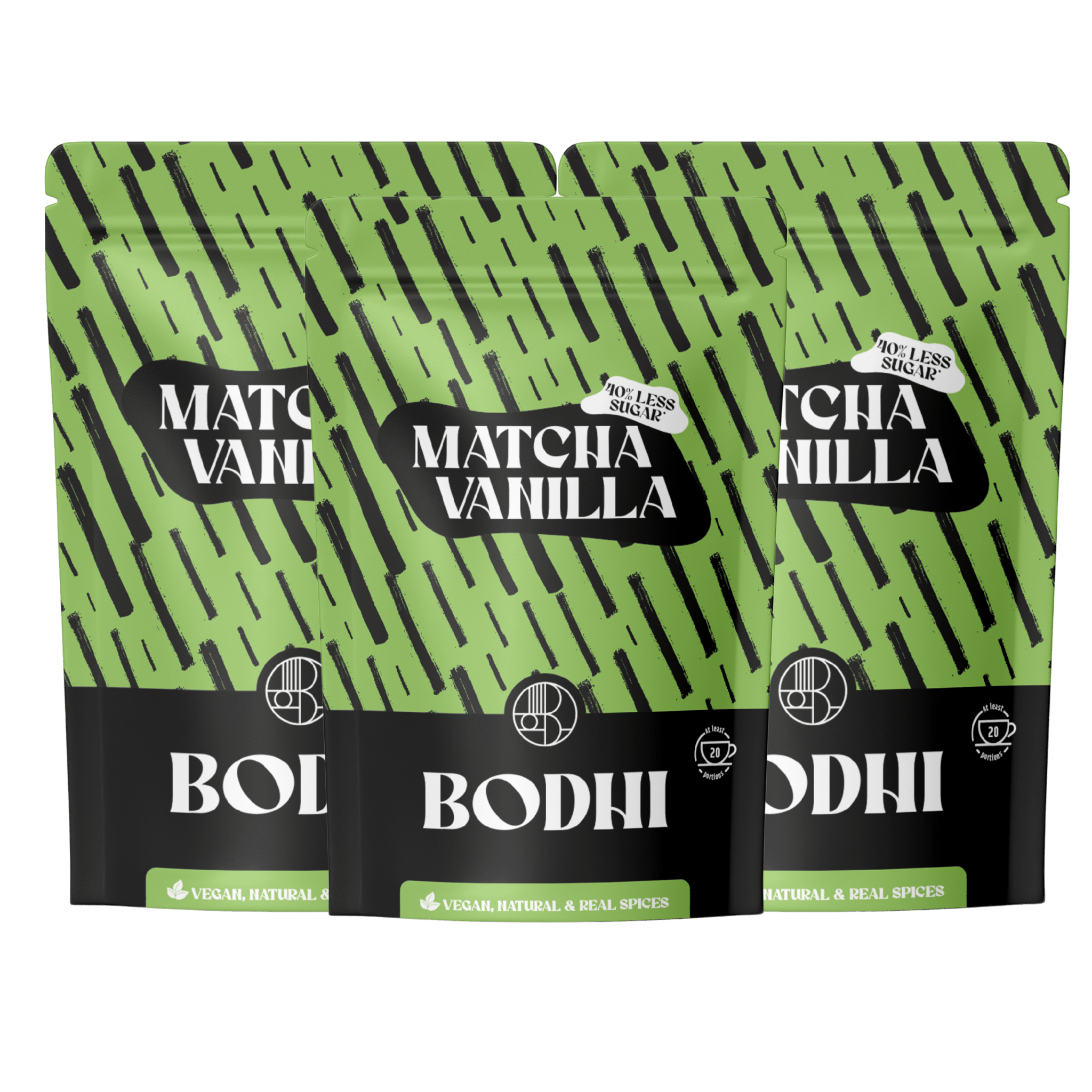 Matcha Vanilla - Bodhi Drinks - Combipakket: 3x pouch 20  - belgisch product - high in fiber - less sugar - minder suiker - vegan - natural - Japanese premium matcha